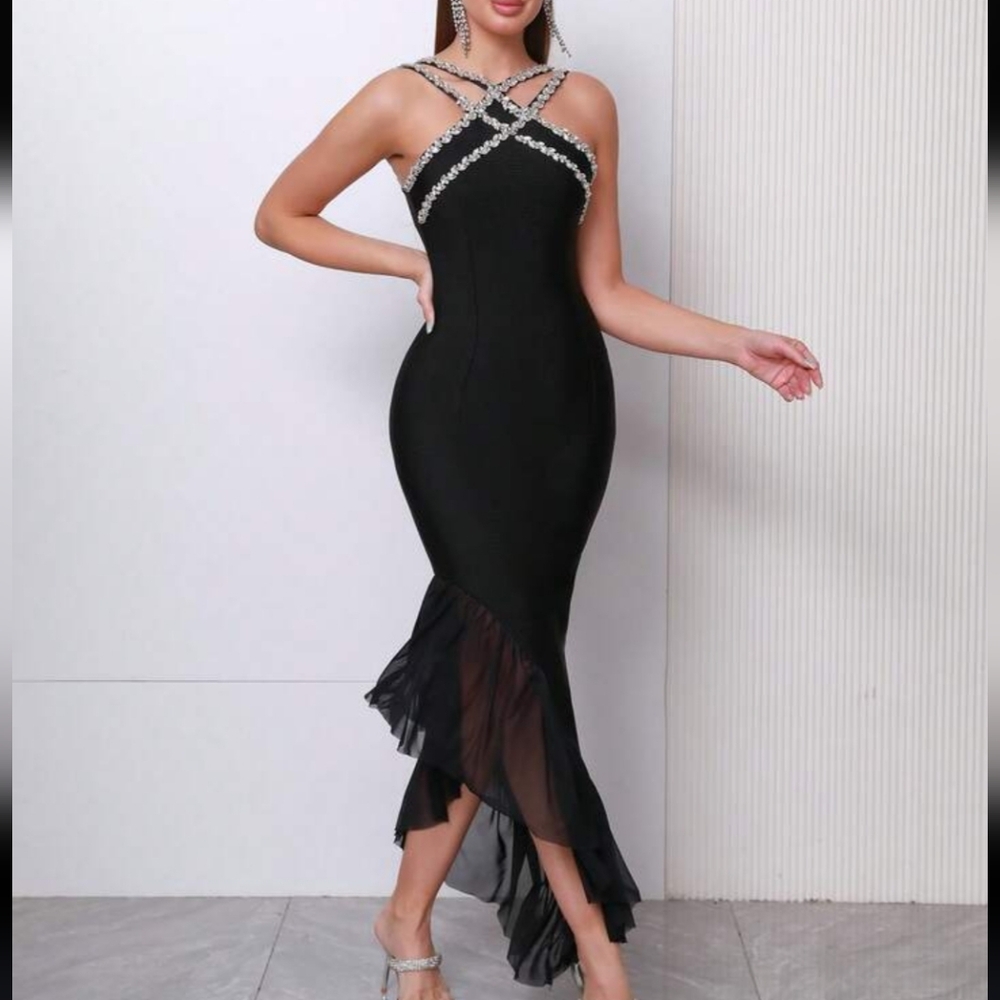 Crystal Beaded Rhinestone Criss-Cross Black Asymmetrical Dress - Picture 3 of 9